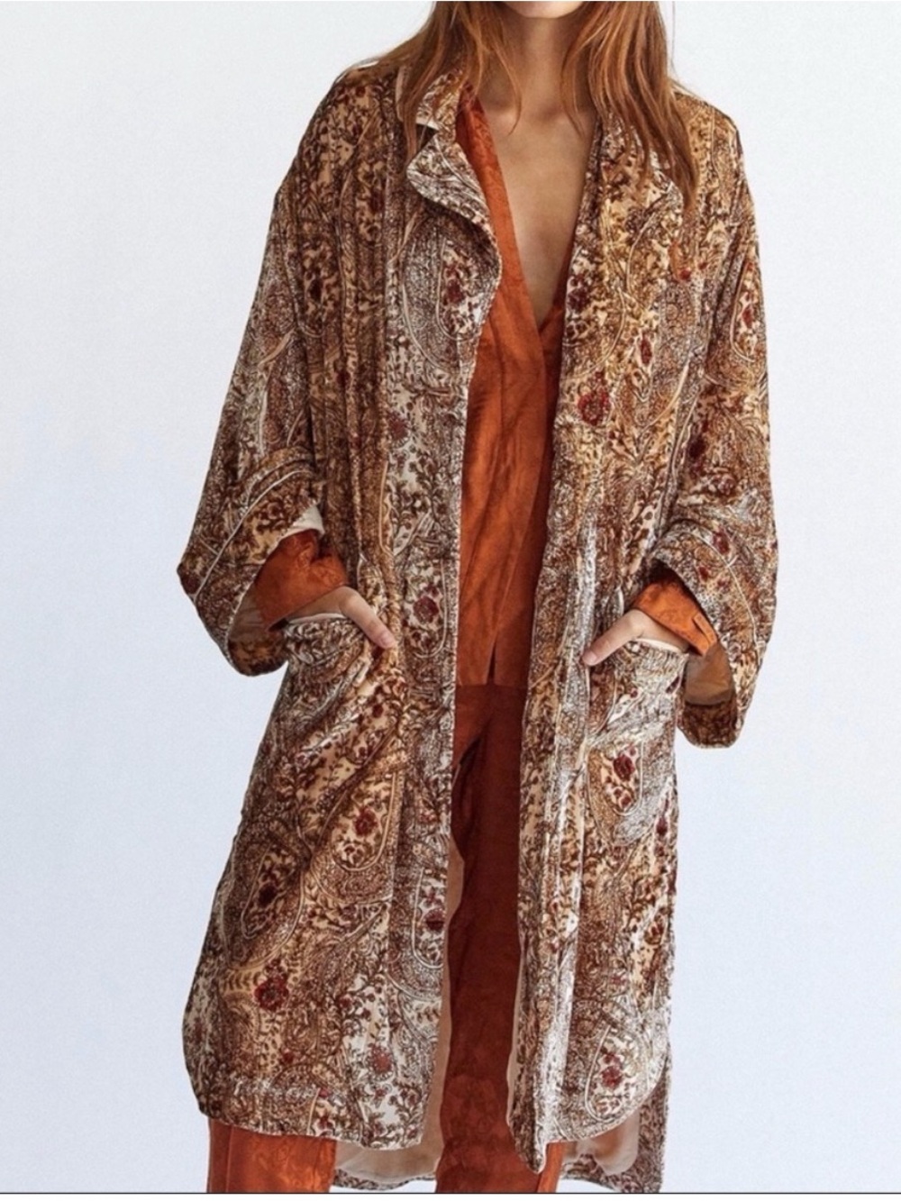 Free People Velvet Paisley Duster in Brown XS